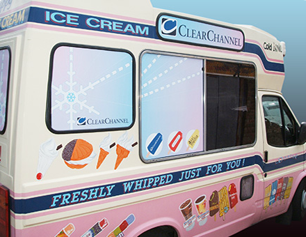 promotional vans ice cream reply branding clear channel window space cancel leave